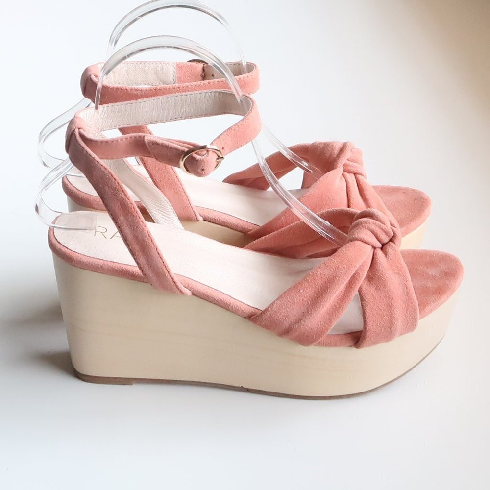 Revolve RAYE Faye Peach Suede Leather Wooden Platform Wedge Ankle Strap Sandals